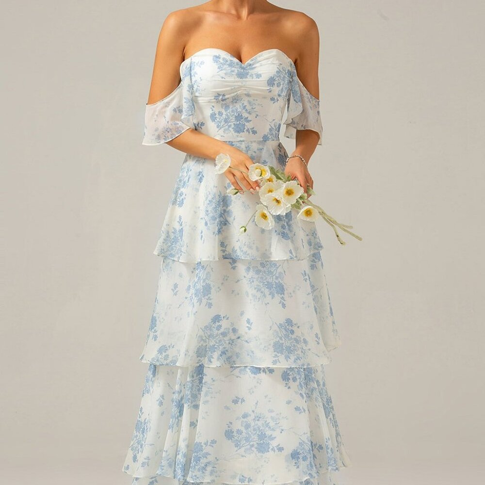 Zapaka bridesmaid prom formal gown blue/white floral
